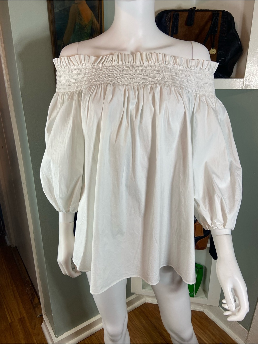 Caroline Constas White Off-Shoulder Smocked Peasant Top Blouse Shirt Poplin M